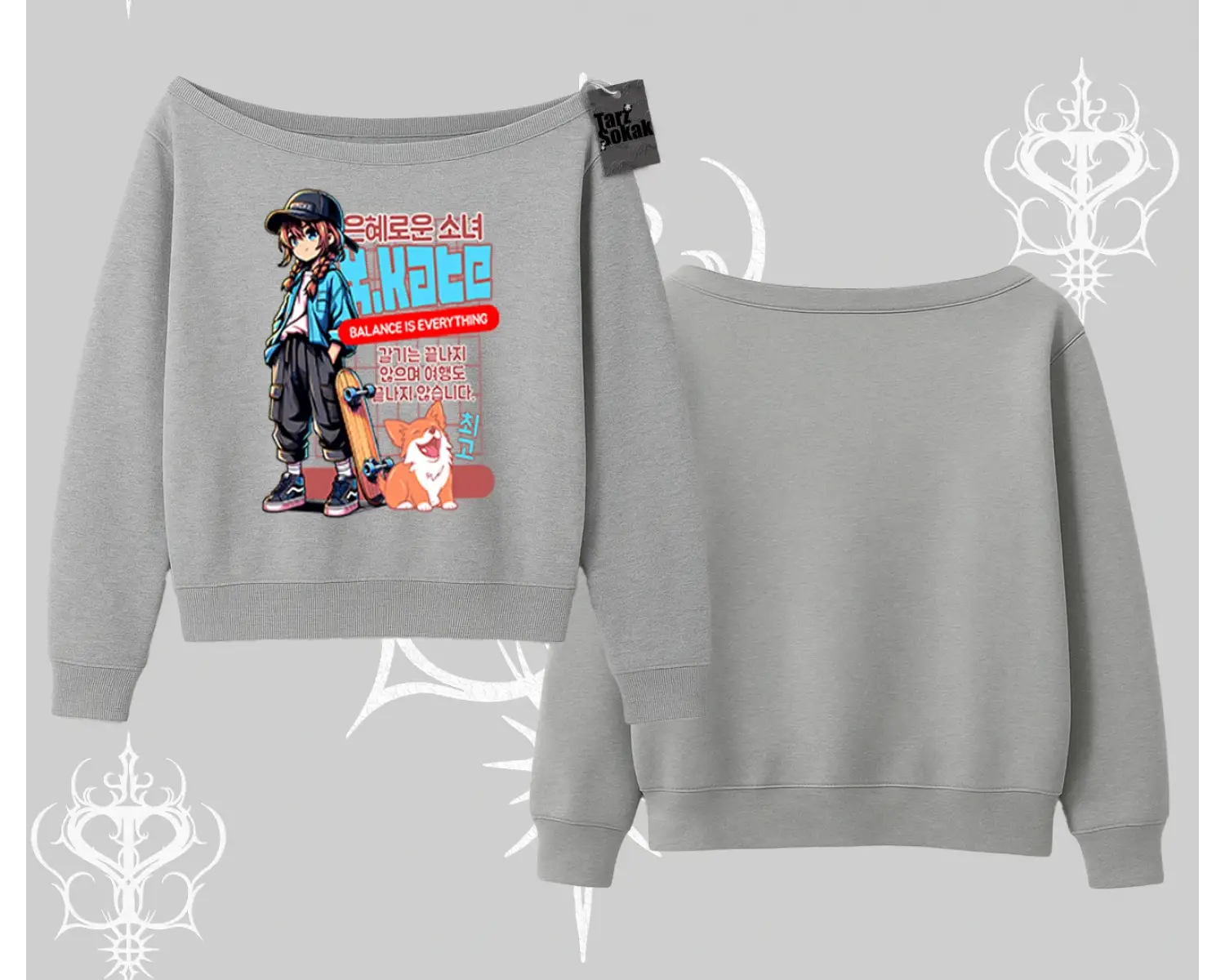 Kayık Yaka Sweatshirt Anime Hiker Girl Balance Is Everything Baskılı