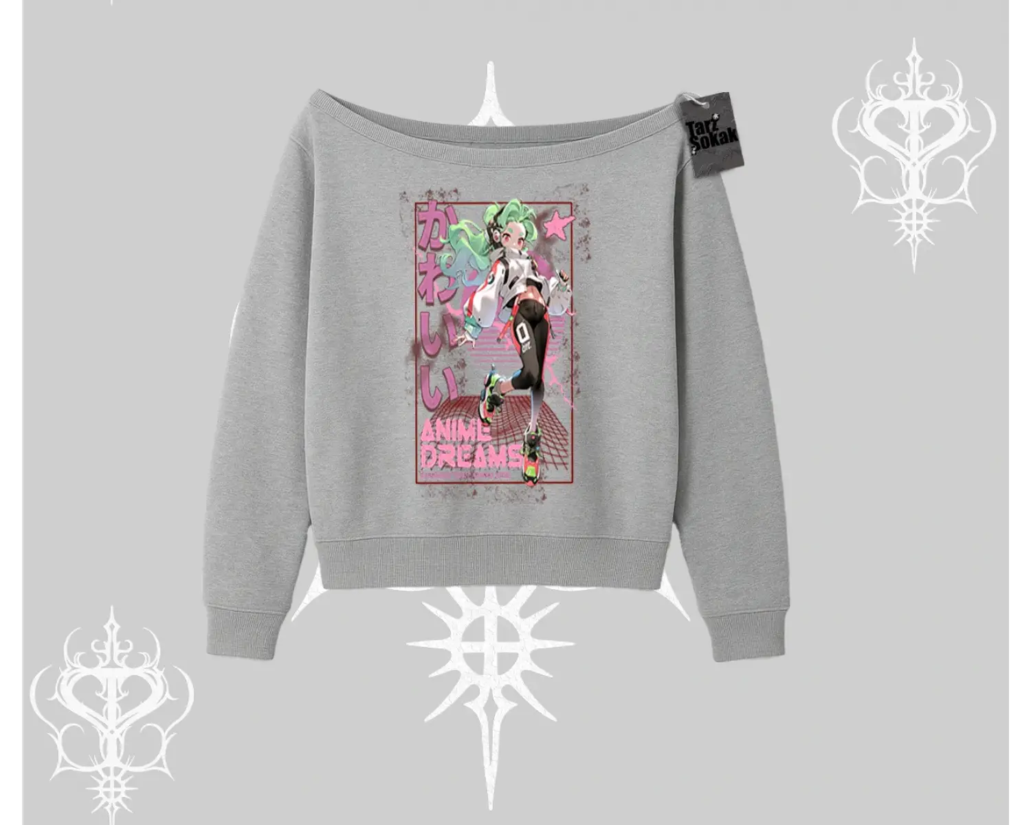 Kayık Yaka Sweatshirt Anime Kawaii Japon Kız Desenli