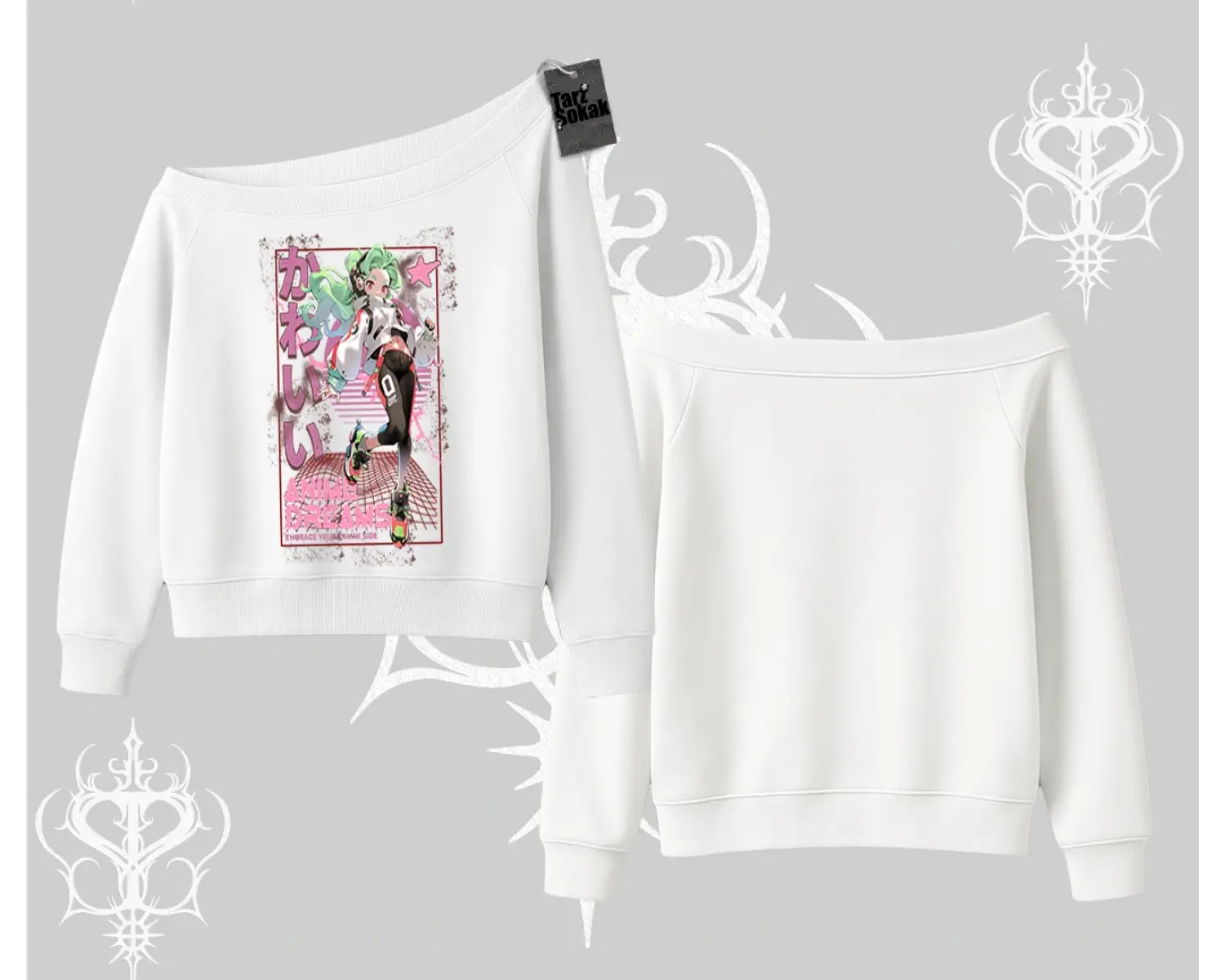 Kayık Yaka Sweatshirt Anime Kawaii Japon Kız Desenli