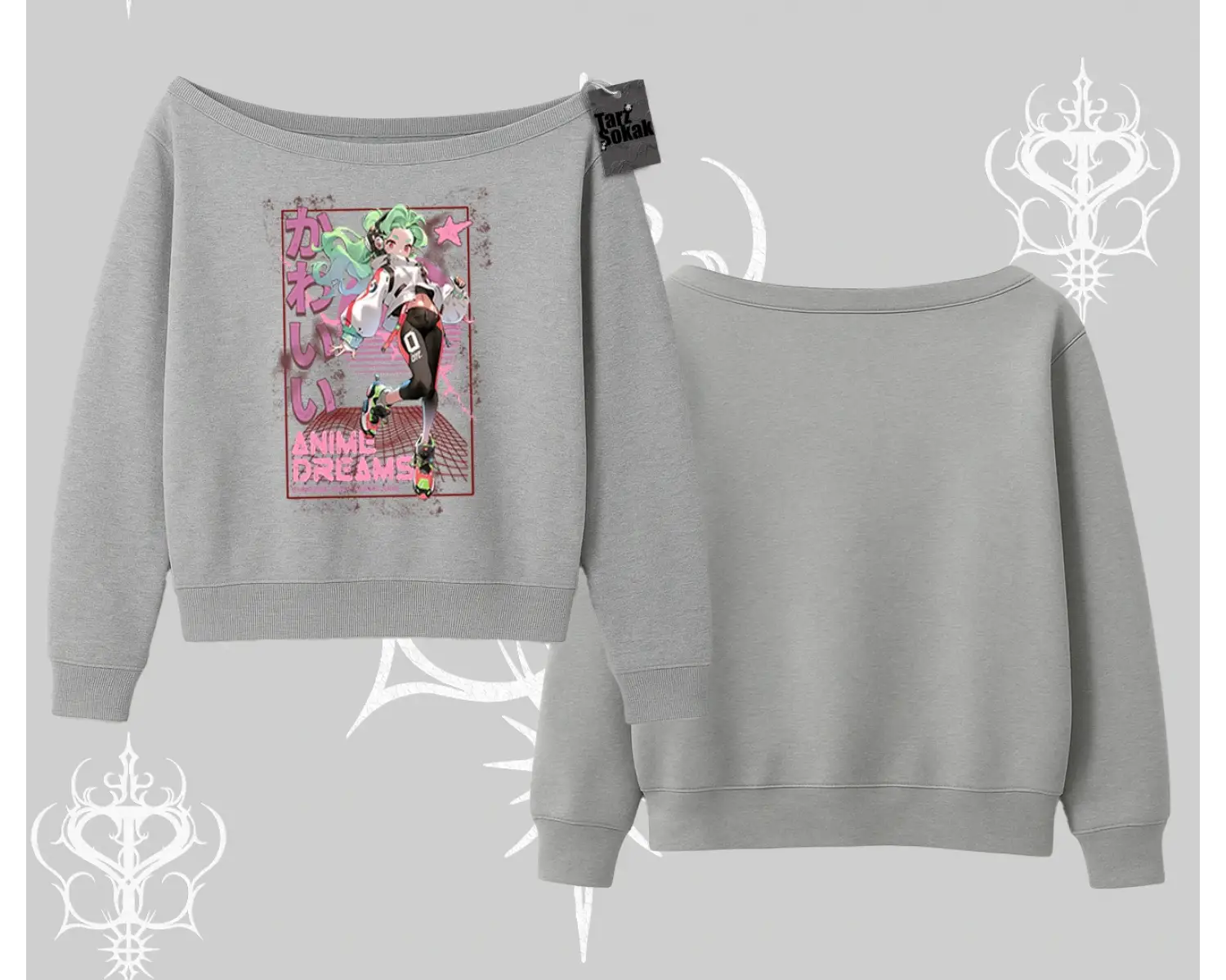 Kayık Yaka Sweatshirt Anime Kawaii Japon Kız Desenli