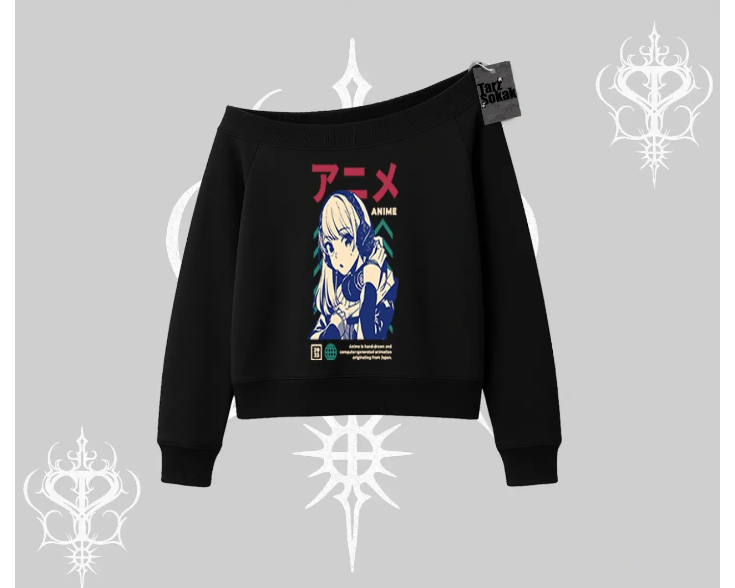 Kayık Yaka Sweatshirt Anime Kız Desenli Japon Tarzı
