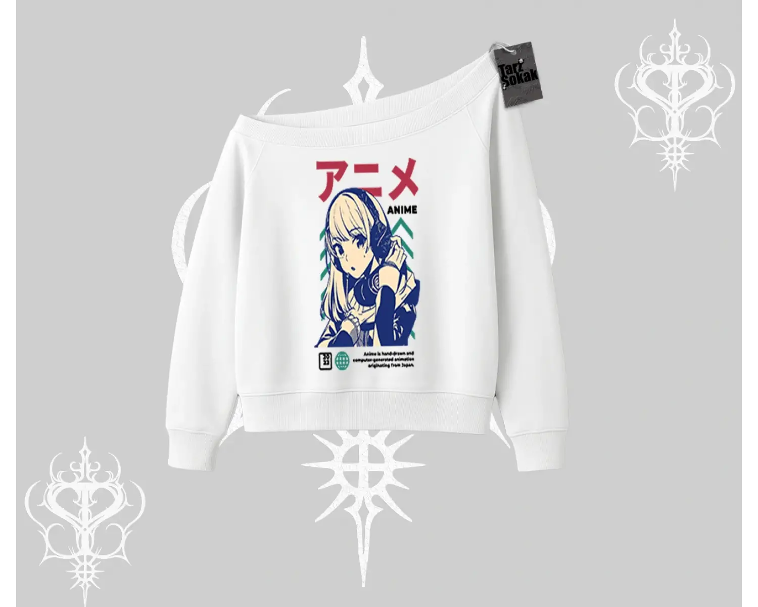Kayık Yaka Sweatshirt Anime Kız Desenli Japon Tarzı