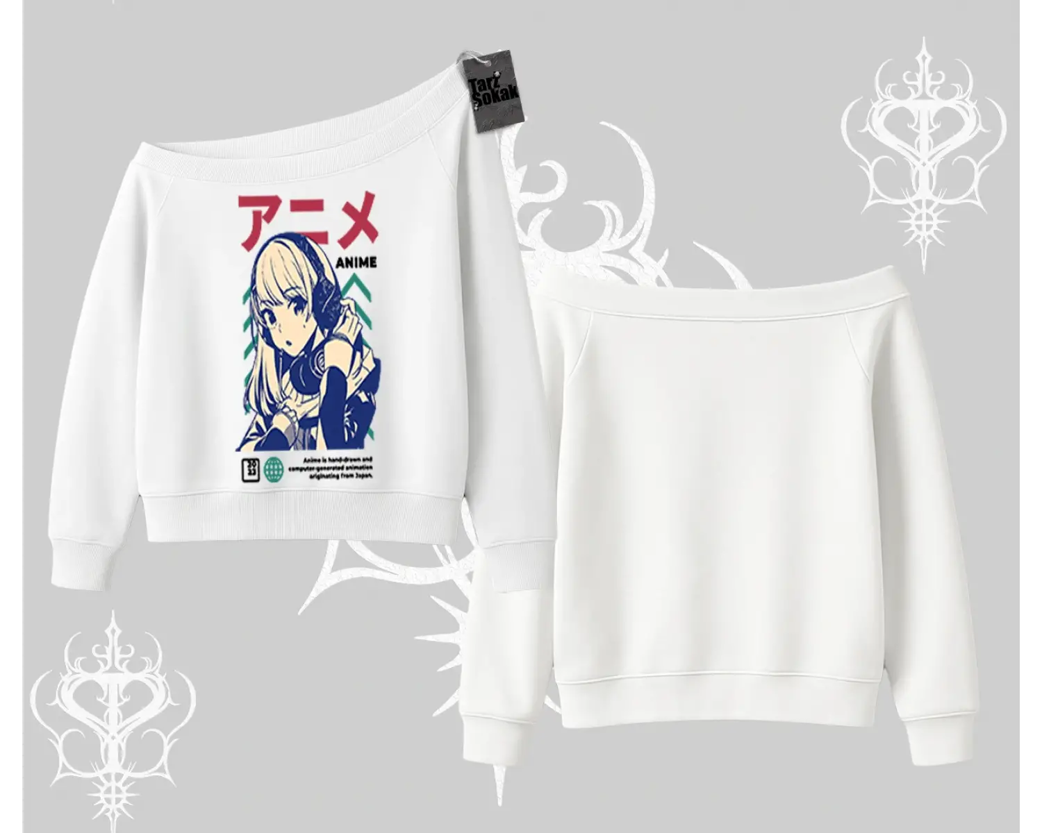 Kayık Yaka Sweatshirt Anime Kız Desenli Japon Tarzı