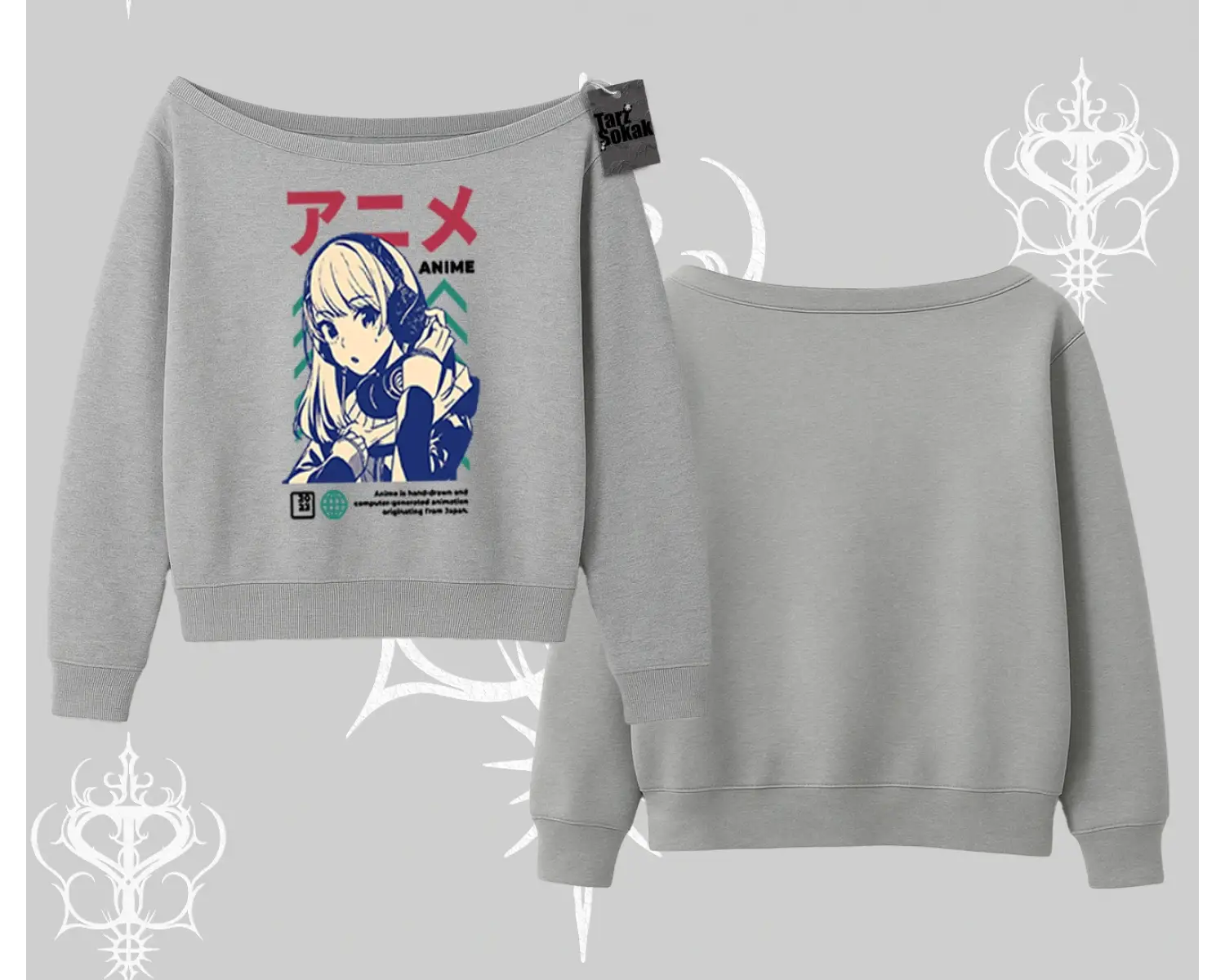 Kayık Yaka Sweatshirt Anime Kız Desenli Japon Tarzı