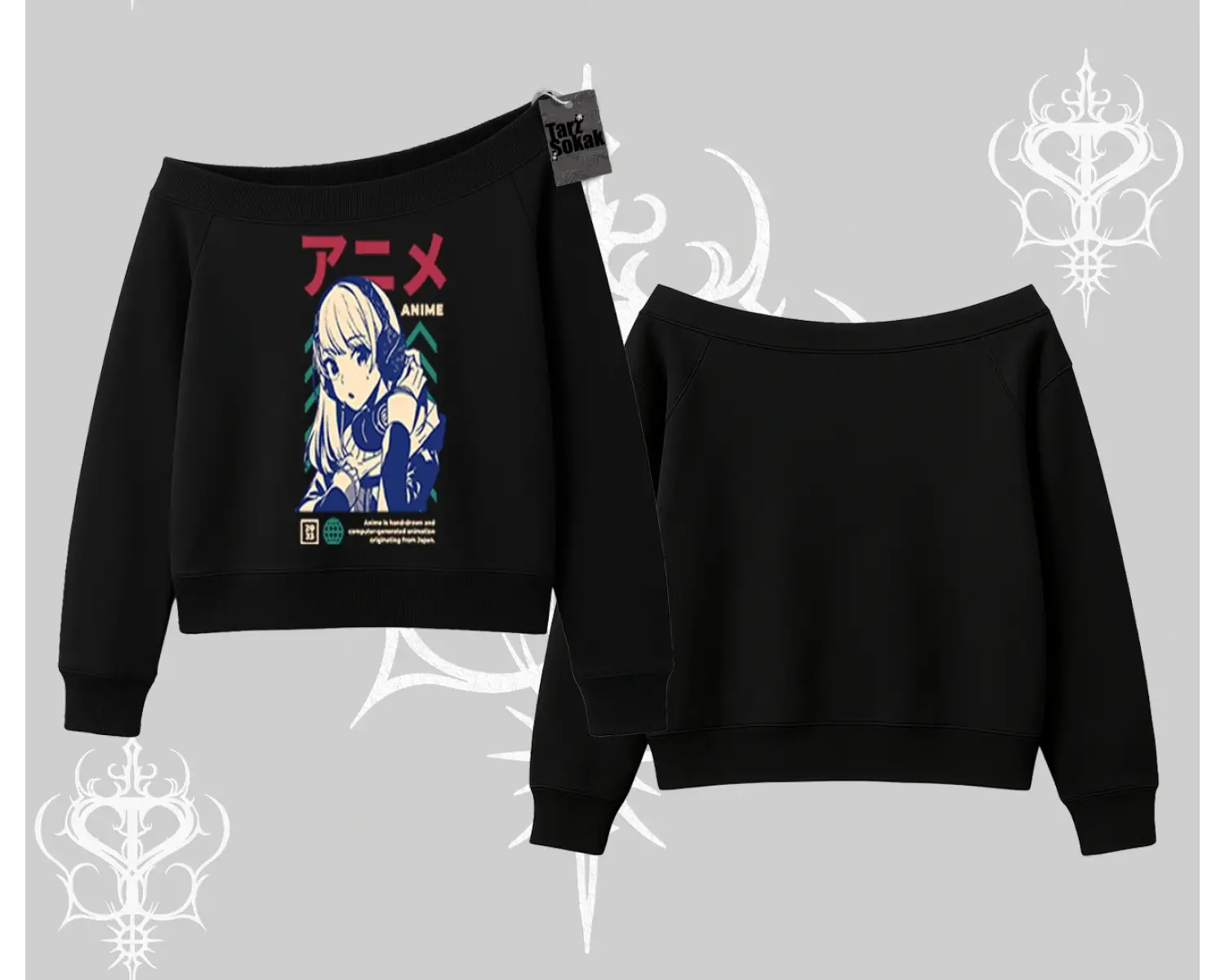 Kayık Yaka Sweatshirt Anime Kız Desenli Japon Tarzı