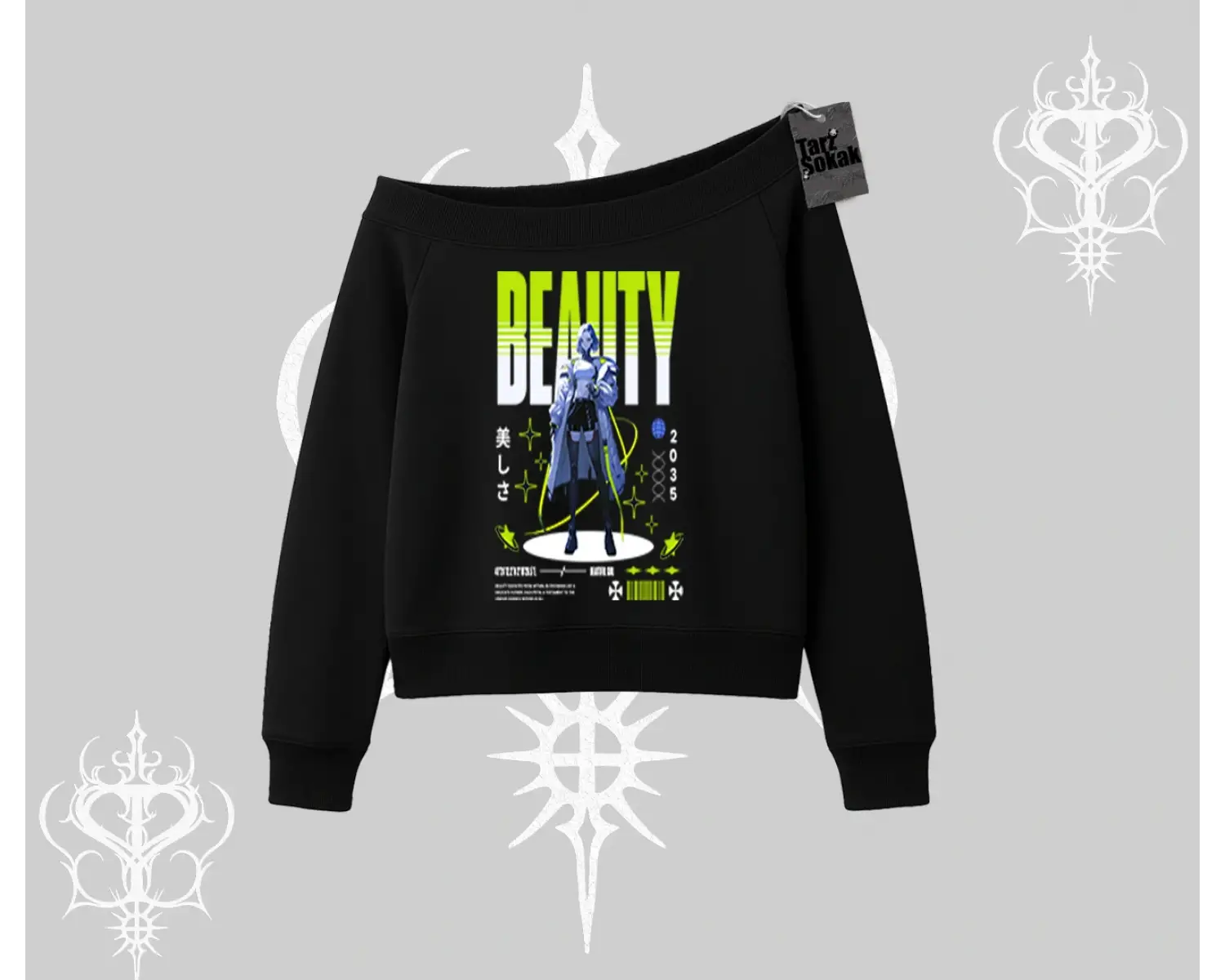 Kayık Yaka Sweatshirt Anime Unity Neon Detaylı Grafik Baskılı