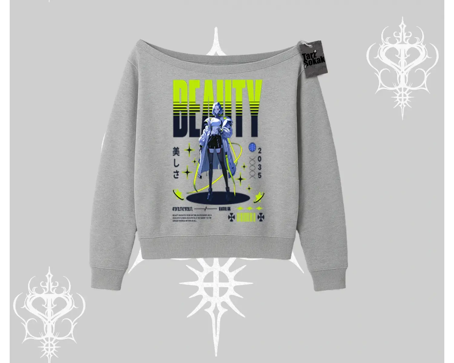 Kayık Yaka Sweatshirt Anime Unity Neon Detaylı Grafik Baskılı