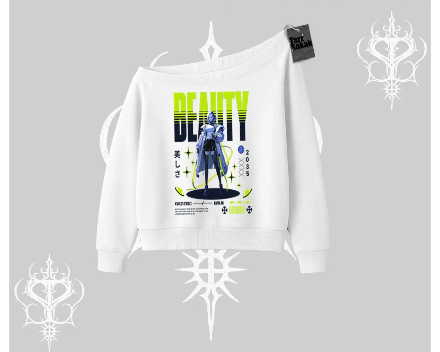 Kayık Yaka Sweatshirt Anime Unity Neon Detaylı Grafik Baskılı