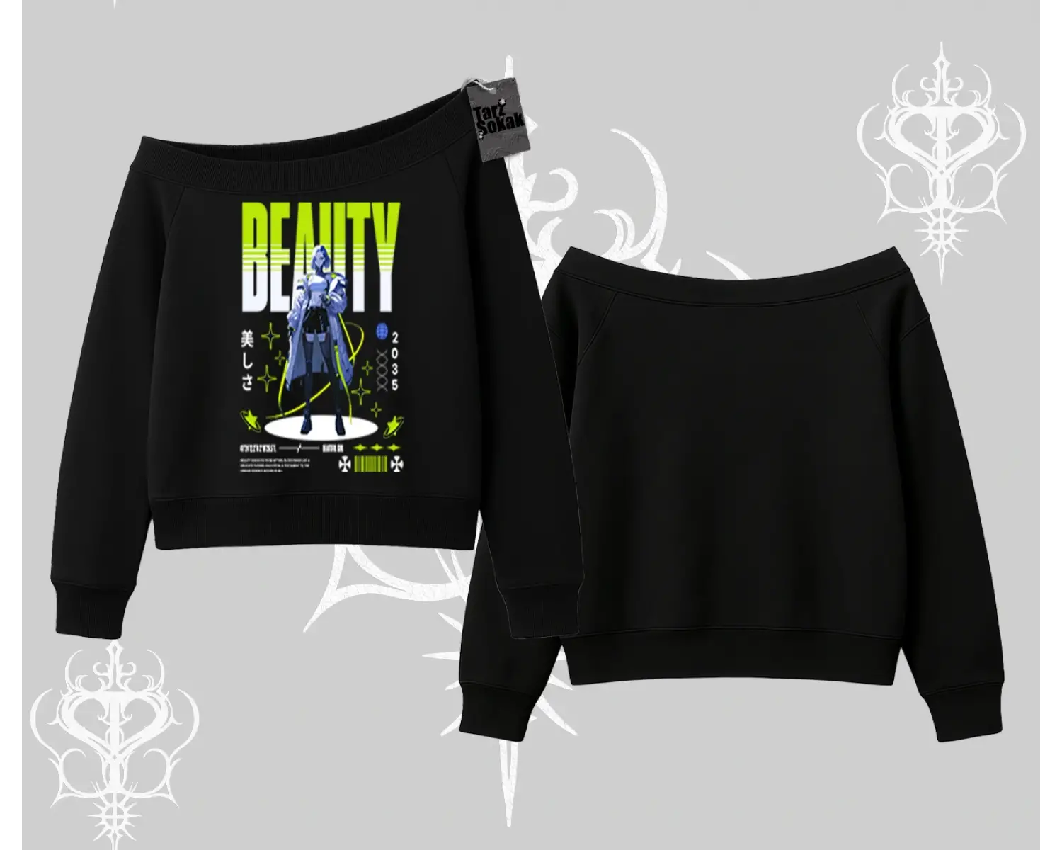 Kayık Yaka Sweatshirt Anime Unity Neon Detaylı Grafik Baskılı