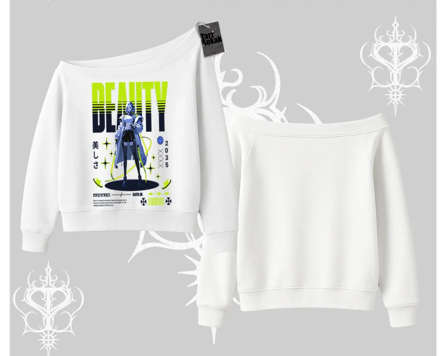 Kayık Yaka Sweatshirt Anime Unity Neon Detaylı Grafik Baskılı