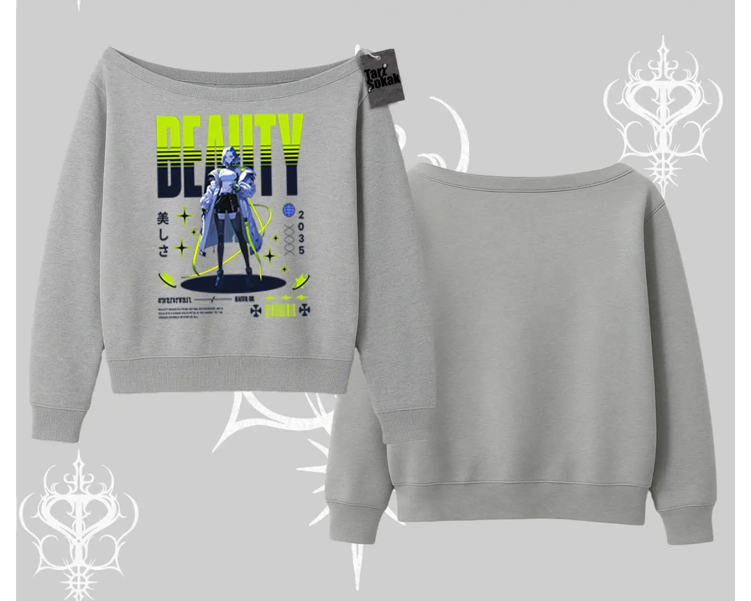 Kayık Yaka Sweatshirt Anime Unity Neon Detaylı Grafik Baskılı