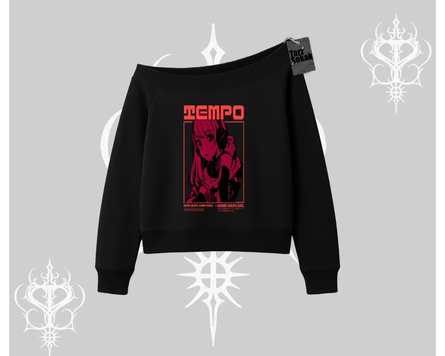 Kayık Yaka Sweatshirt Anime Waifu Kırmızı Grafik Desenli