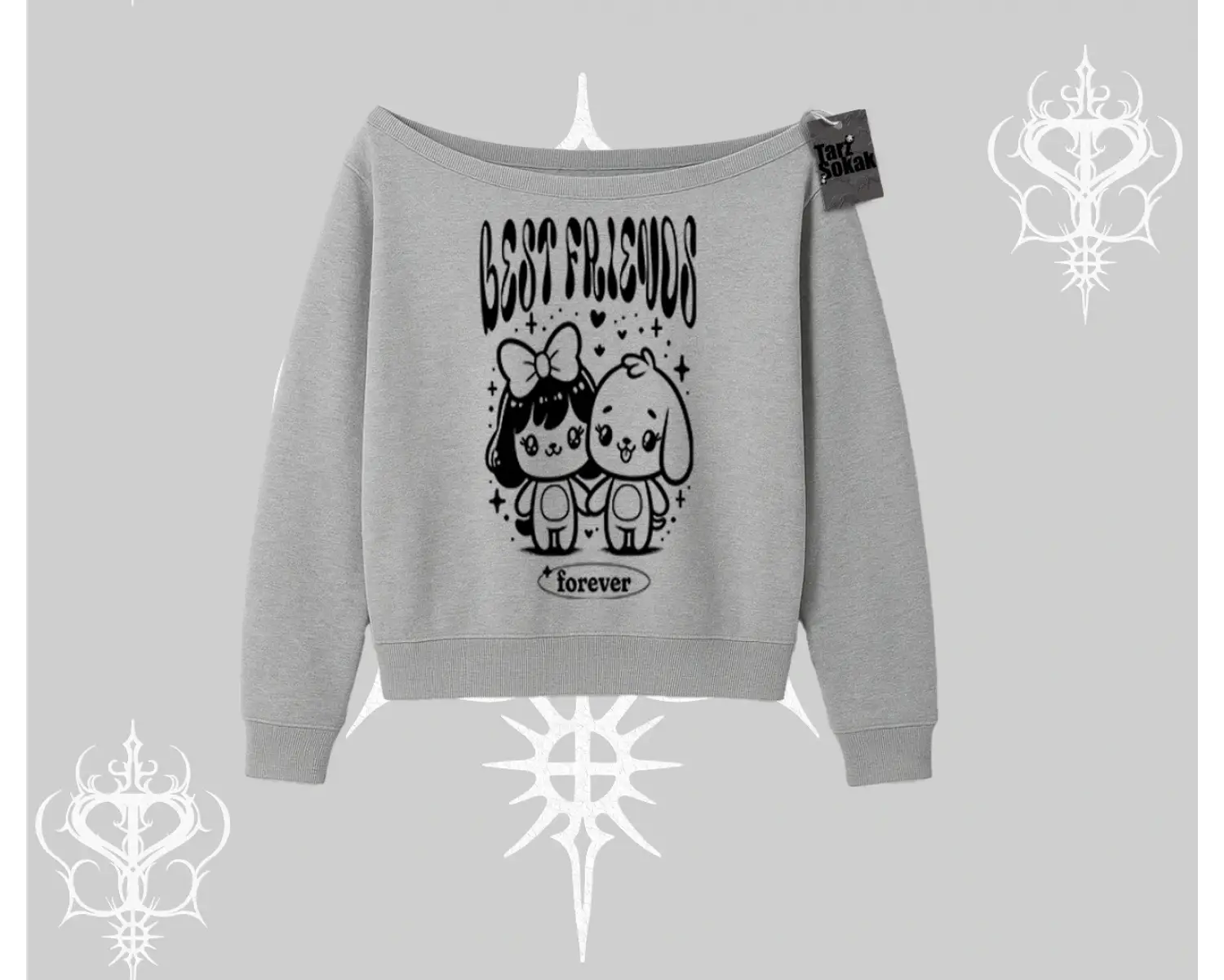 Kayık Yaka Sweatshirt Best Friends Forever Baskılı Sevimli Tasarım