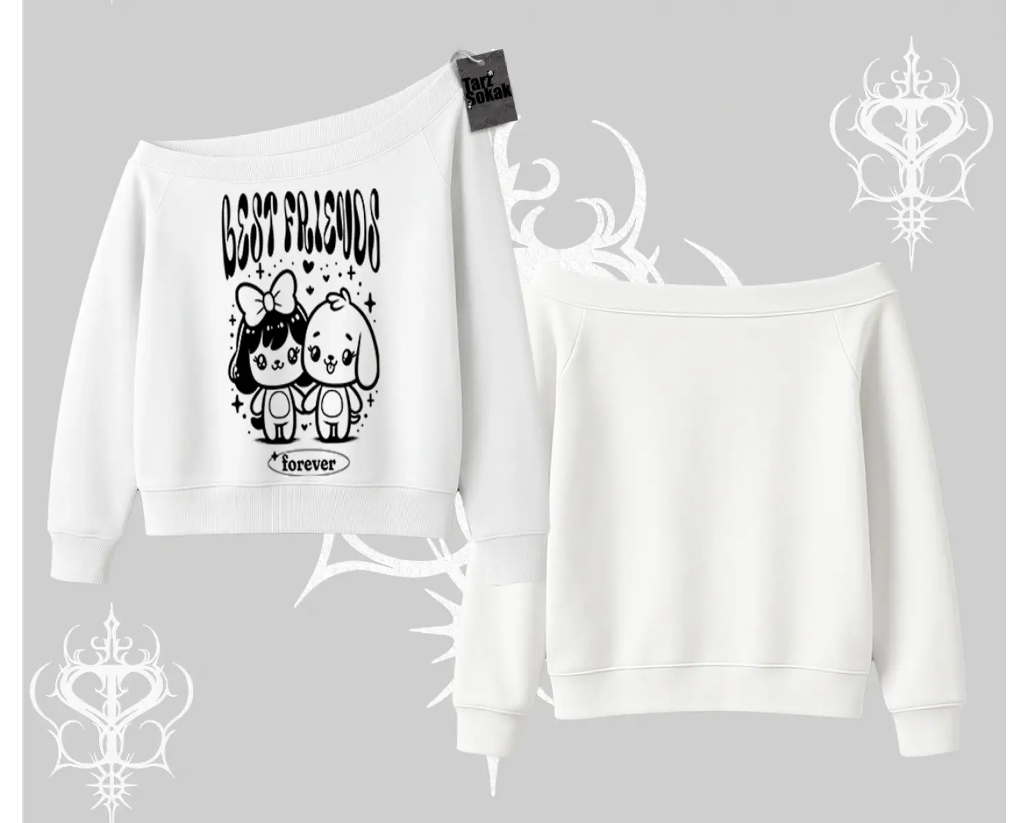 Kayık Yaka Sweatshirt Best Friends Forever Baskılı Sevimli Tasarım