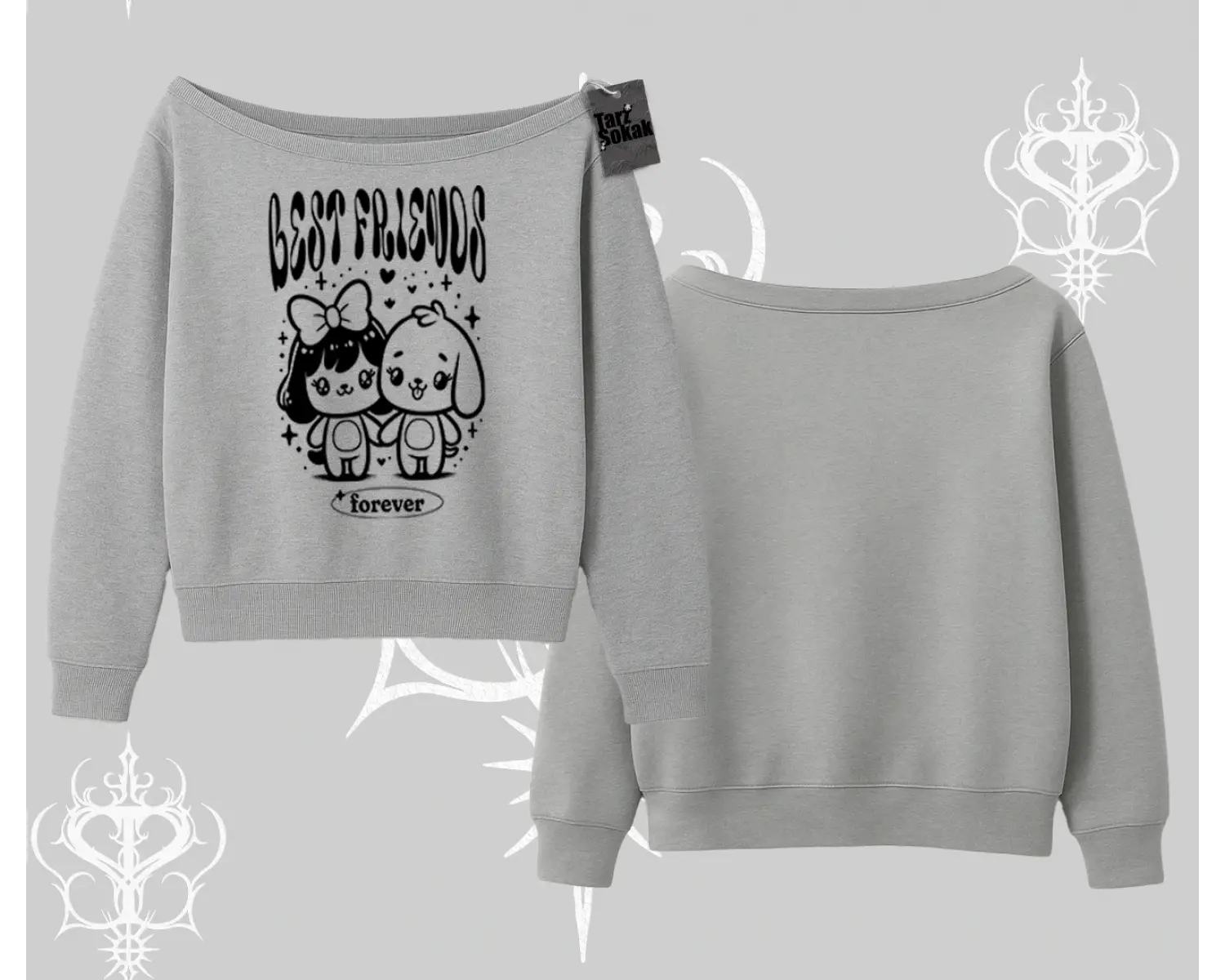 Kayık Yaka Sweatshirt Best Friends Forever Baskılı Sevimli Tasarım