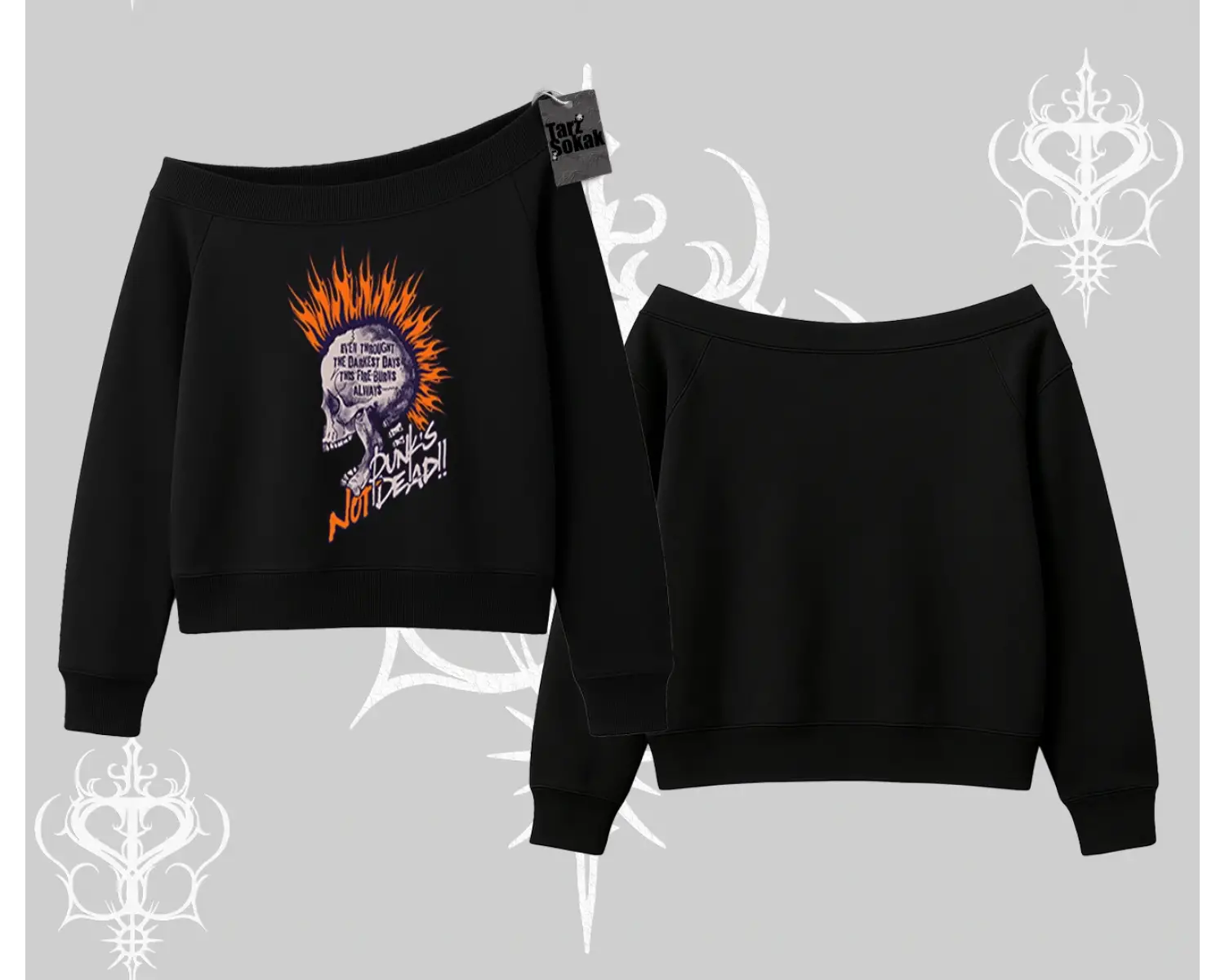 Kayık Yaka Sweatshirt Burning Skull Rebel Street Anthem