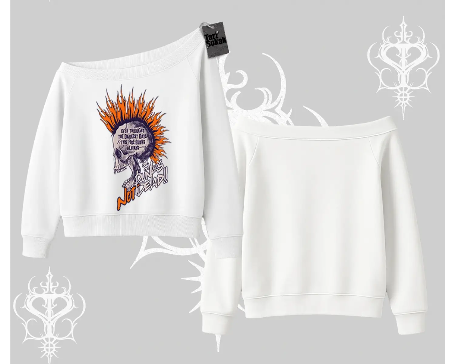 Kayık Yaka Sweatshirt Burning Skull Rebel Street Anthem