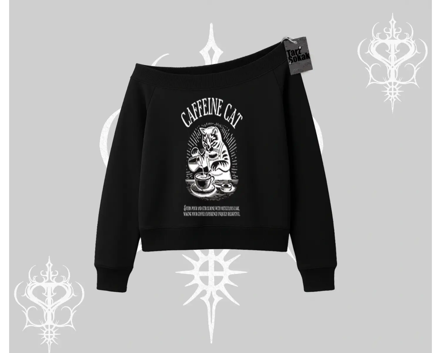 Kayık Yaka Sweatshirt Caffeine Cat Kahve Temalı Kedi Baskılı