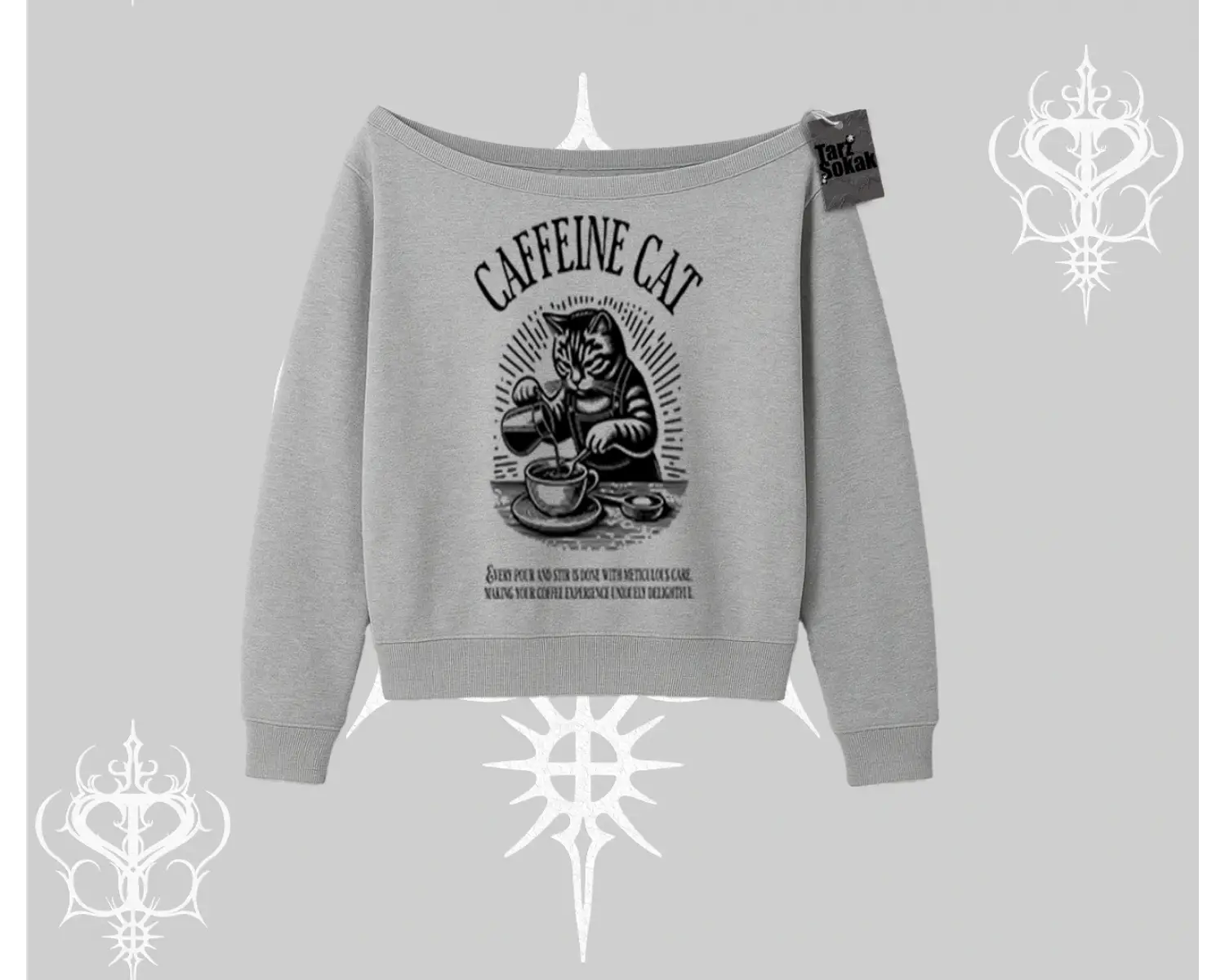 Kayık Yaka Sweatshirt Caffeine Cat Kahve Temalı Kedi Baskılı