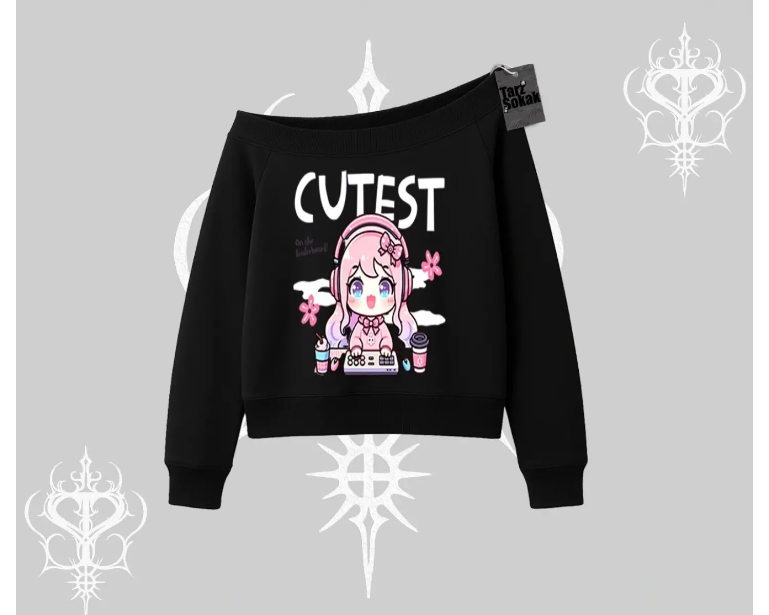 Kayık Yaka Sweatshirt Cute Anime Gamer Girl Baskılı