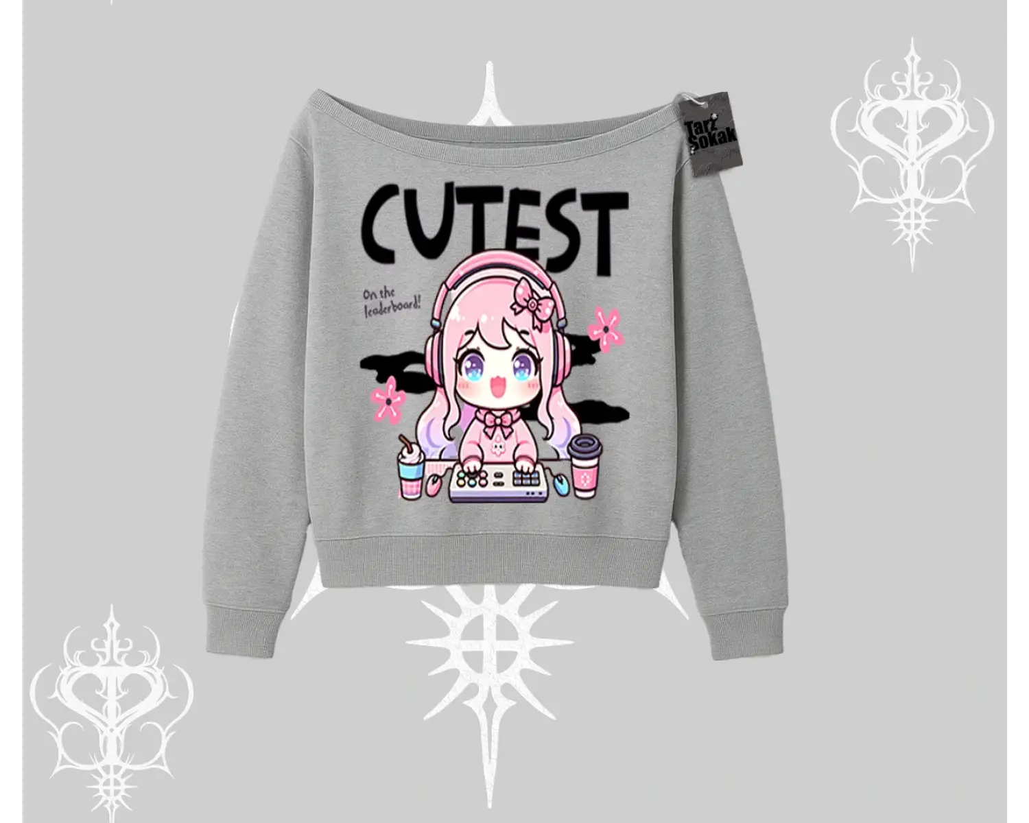 Kayık Yaka Sweatshirt Cute Anime Gamer Girl Baskılı