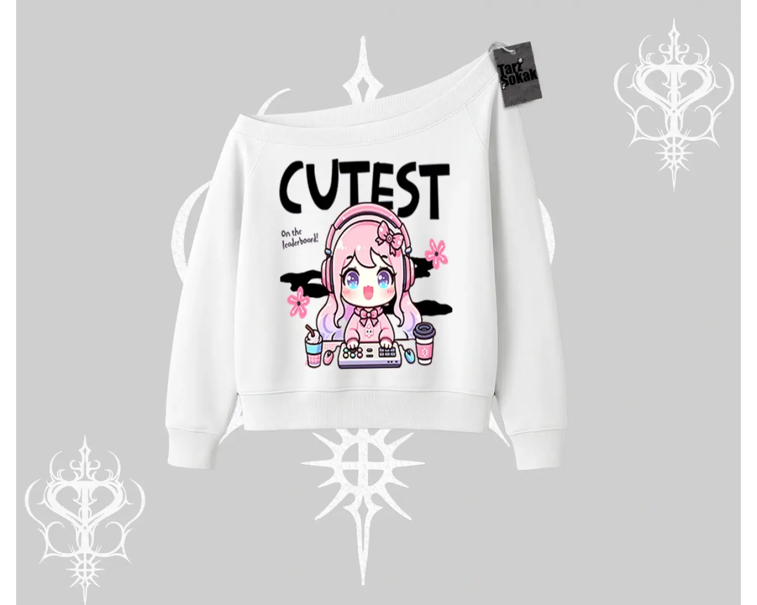 Kayık Yaka Sweatshirt Cute Anime Gamer Girl Baskılı