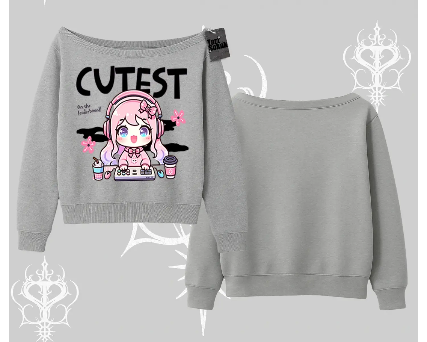 Kayık Yaka Sweatshirt Cute Anime Gamer Girl Baskılı