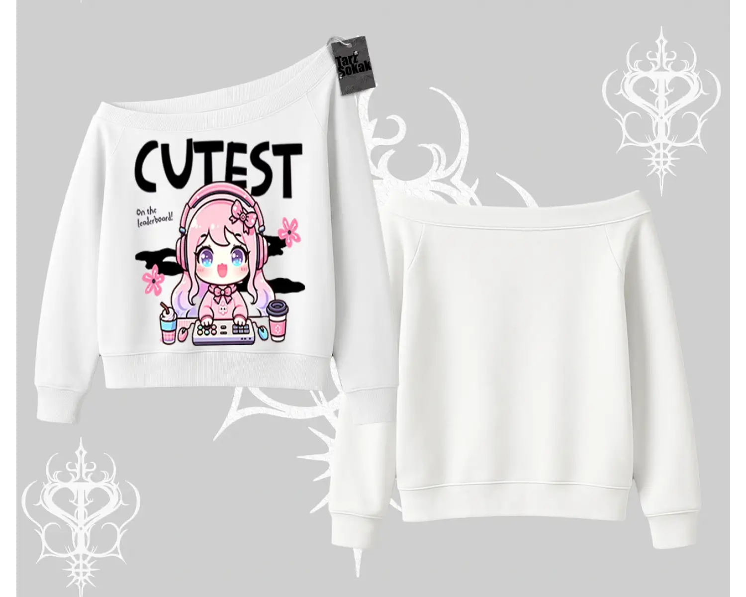 Kayık Yaka Sweatshirt Cute Anime Gamer Girl Baskılı