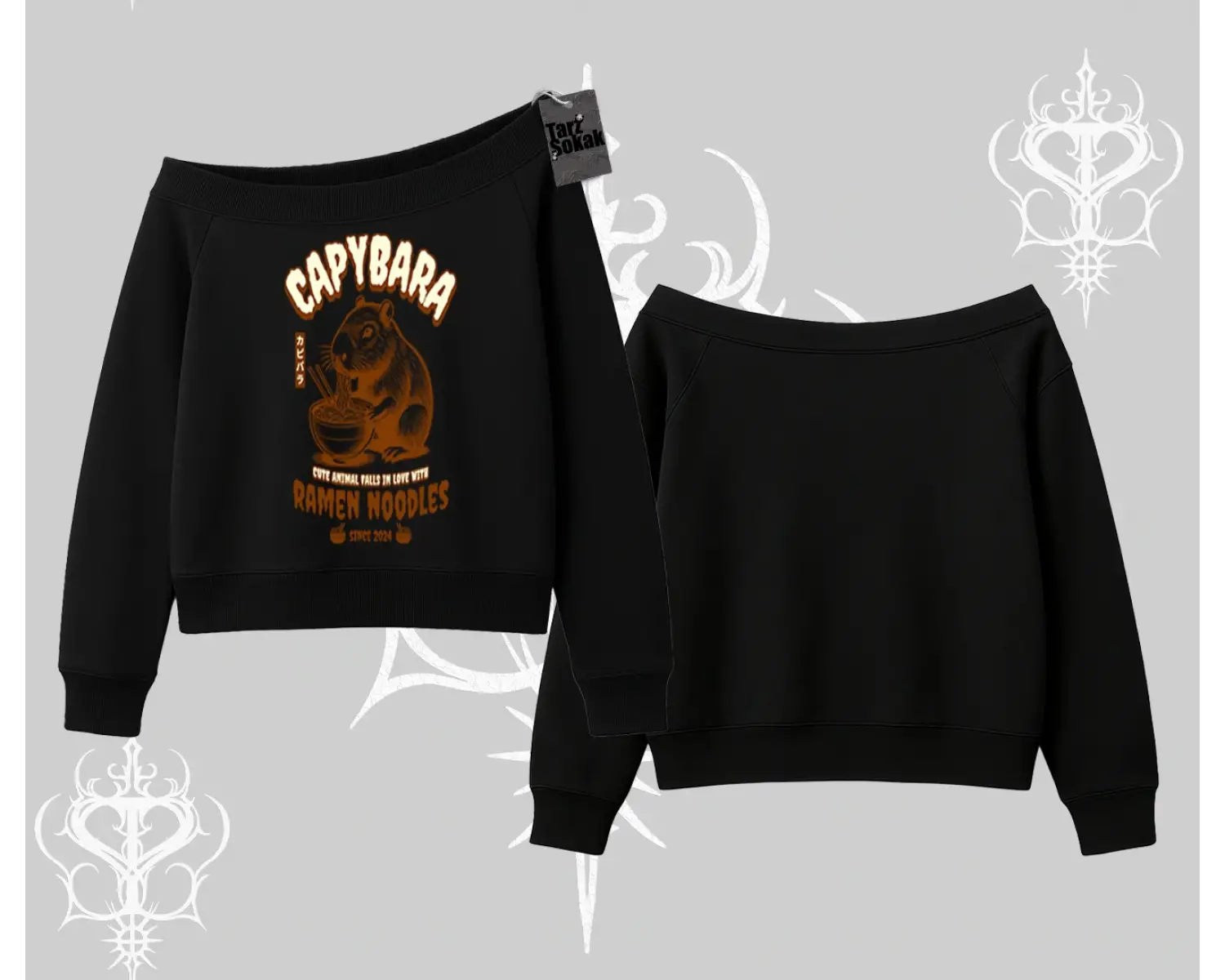 Kayık Yaka Sweatshirt Cute Capybara Enjoying Ramen Noodles Artwork