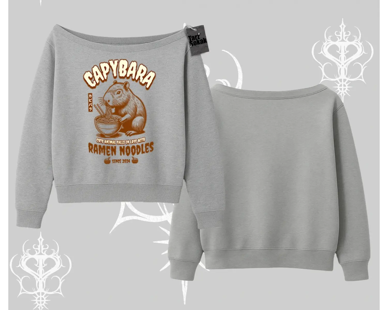 Kayık Yaka Sweatshirt Cute Capybara Enjoying Ramen Noodles Artwork