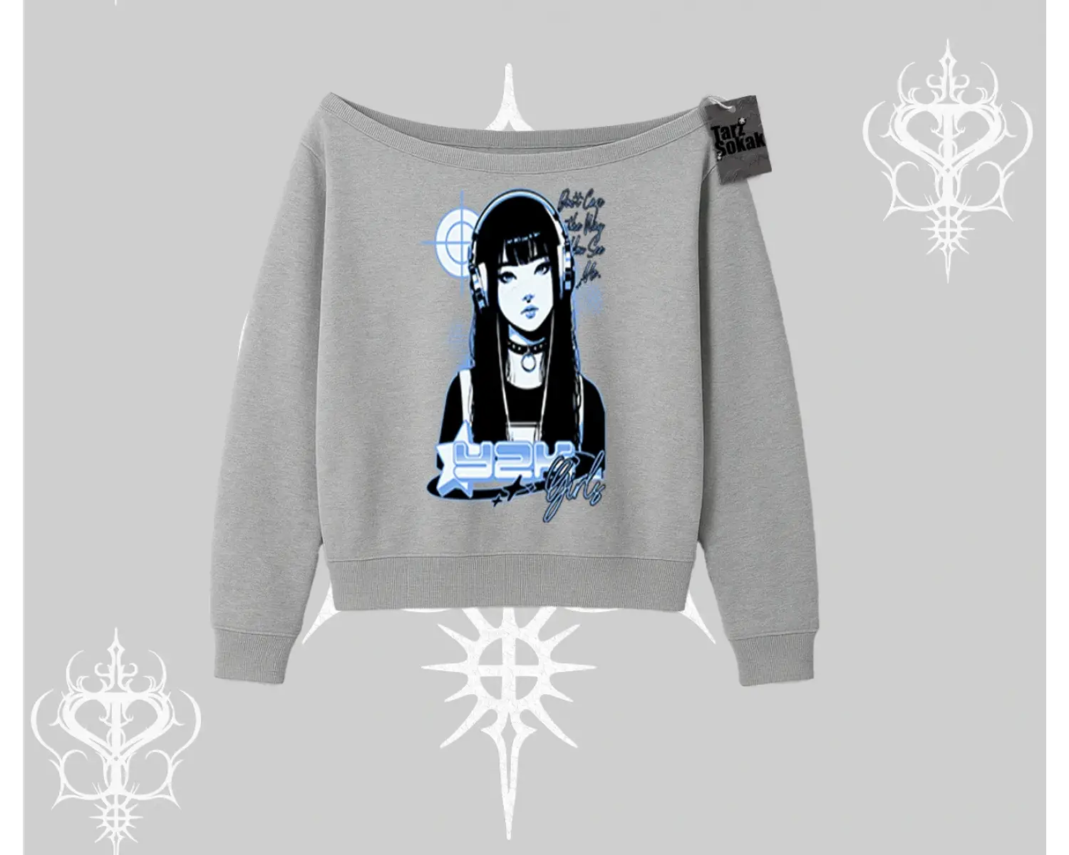 Kayık Yaka Sweatshirt Cyber Y2K Anime Girl Street Sound Aesthetic