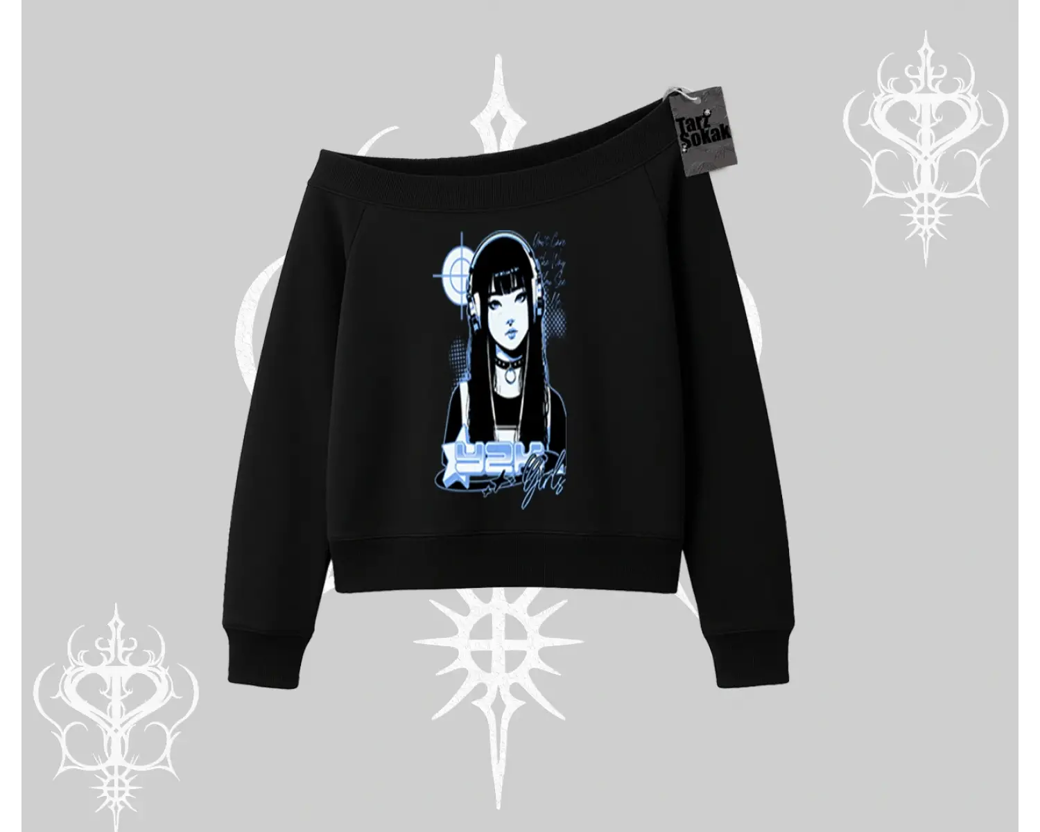 Kayık Yaka Sweatshirt Cyber Y2K Anime Girl Street Sound Aesthetic