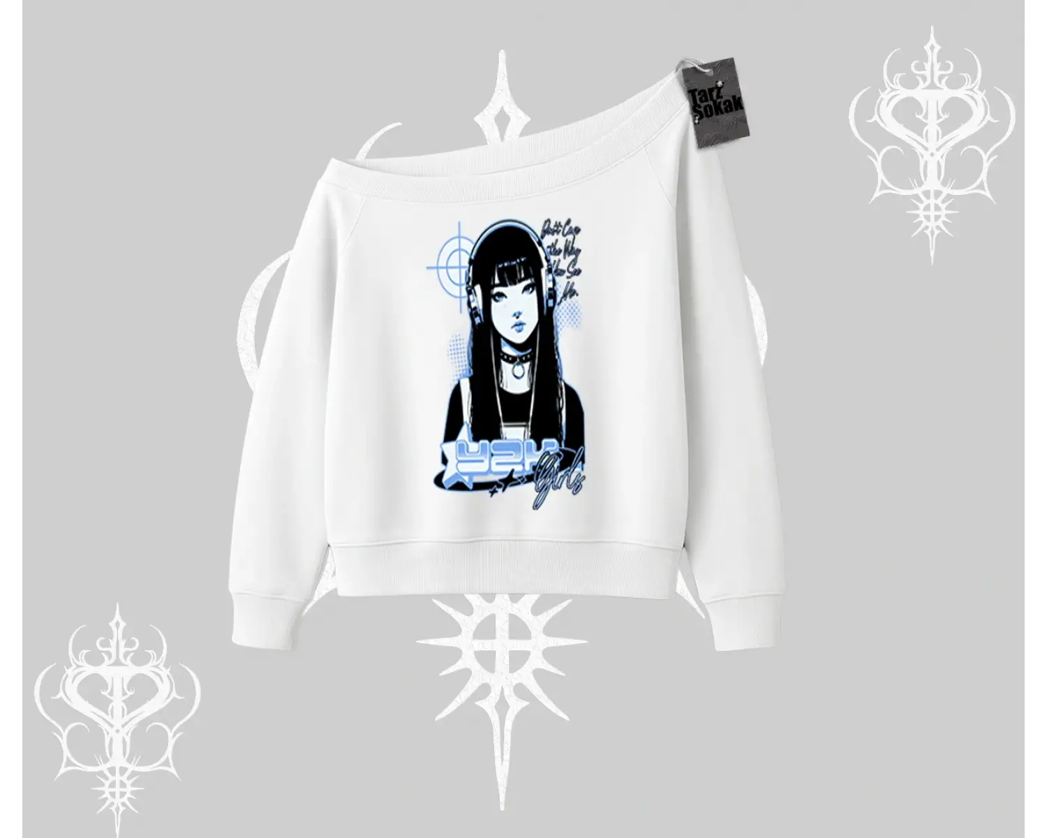 Kayık Yaka Sweatshirt Cyber Y2K Anime Girl Street Sound Aesthetic