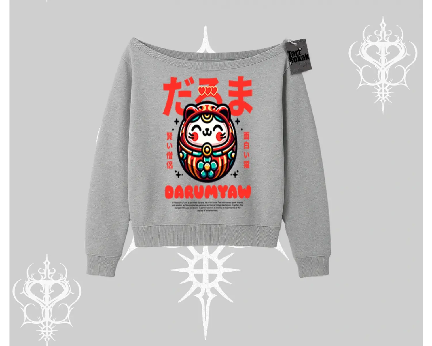 Kayık Yaka Sweatshirt Daruma Kedi Anime Baskılı