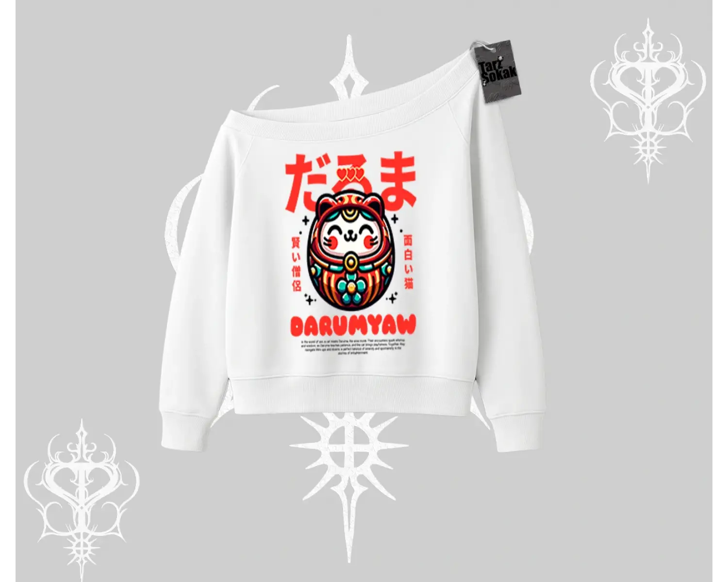 Kayık Yaka Sweatshirt Daruma Kedi Anime Baskılı
