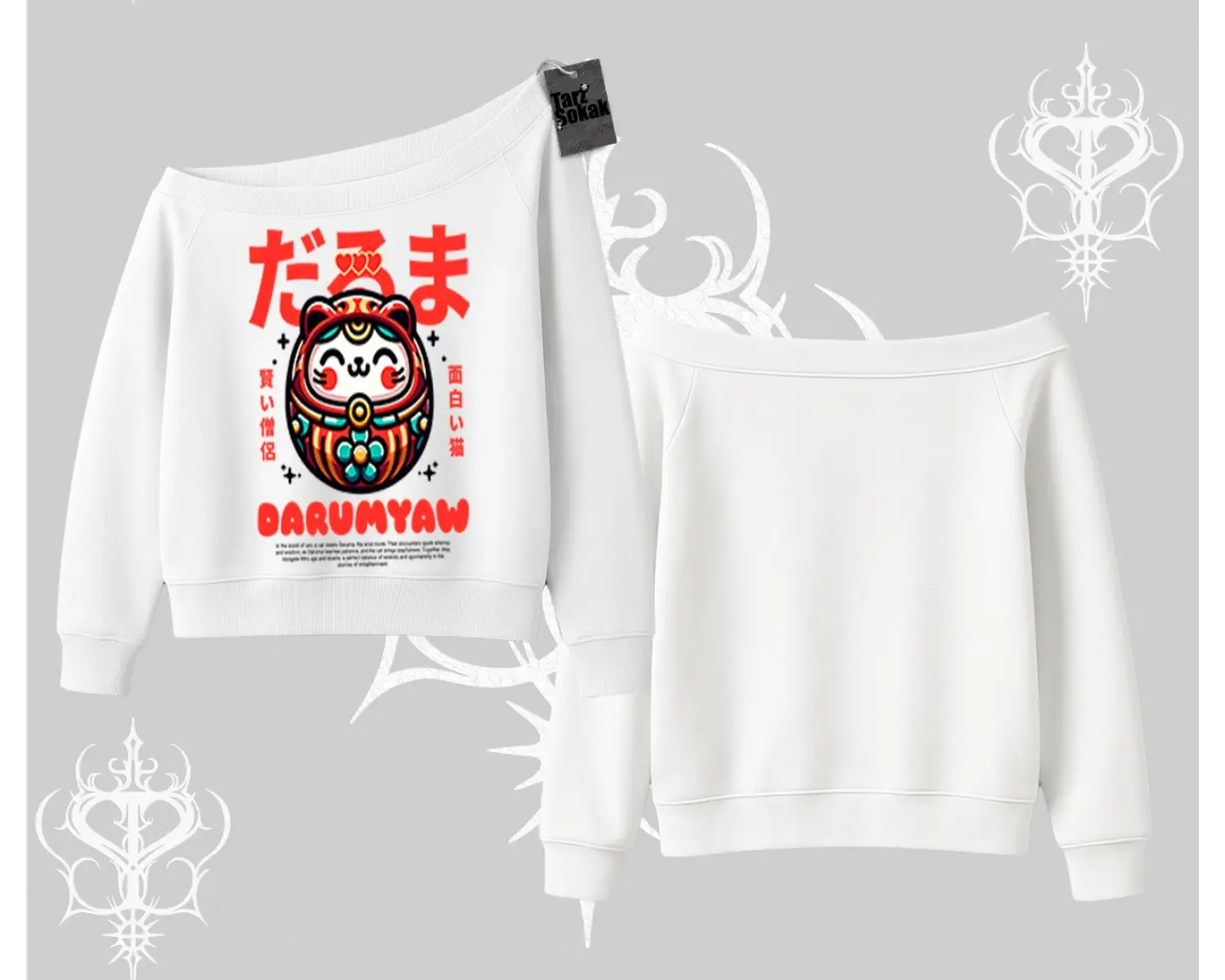 Kayık Yaka Sweatshirt Daruma Kedi Anime Baskılı