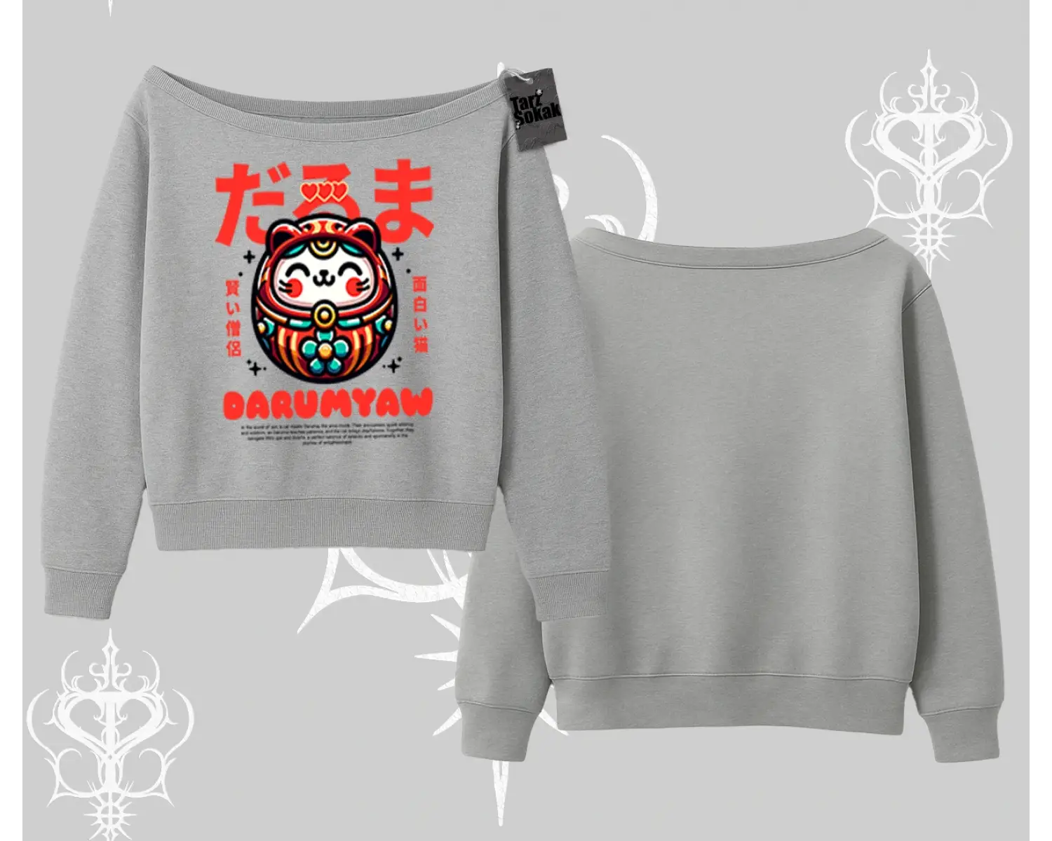 Kayık Yaka Sweatshirt Daruma Kedi Anime Baskılı