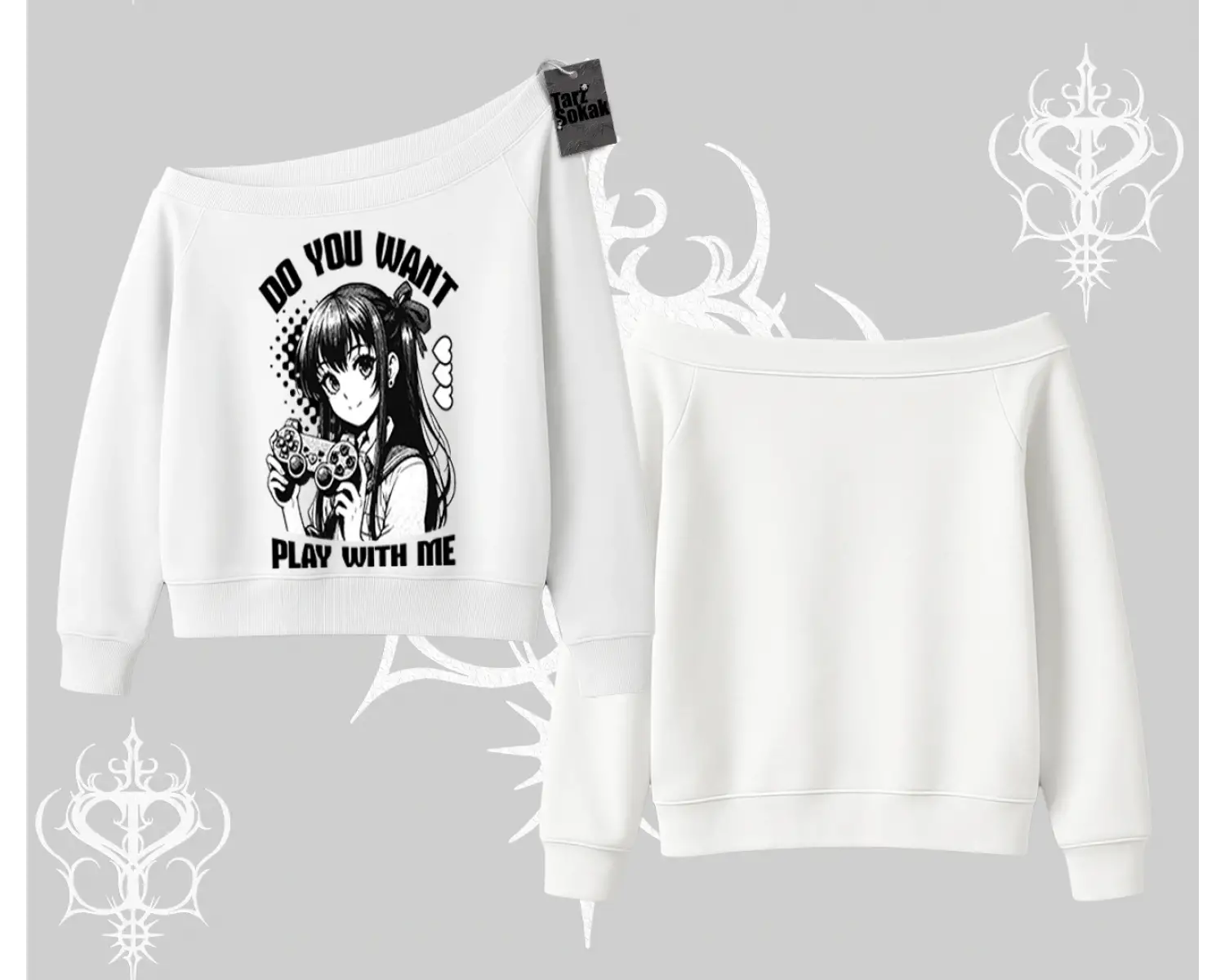 Kayık Yaka Sweatshirt Do You Want Play With Me Anime Kız Baskılı