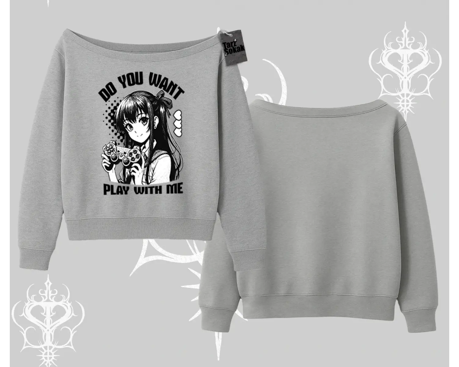 Kayık Yaka Sweatshirt Do You Want Play With Me Anime Kız Baskılı