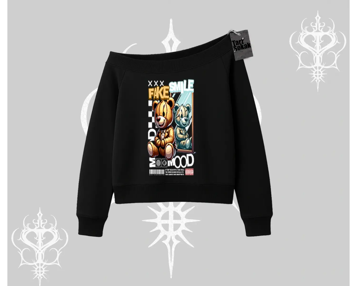 Kayık Yaka Sweatshirt Fake Smile Mood Ayıcık Grafik Baskılı