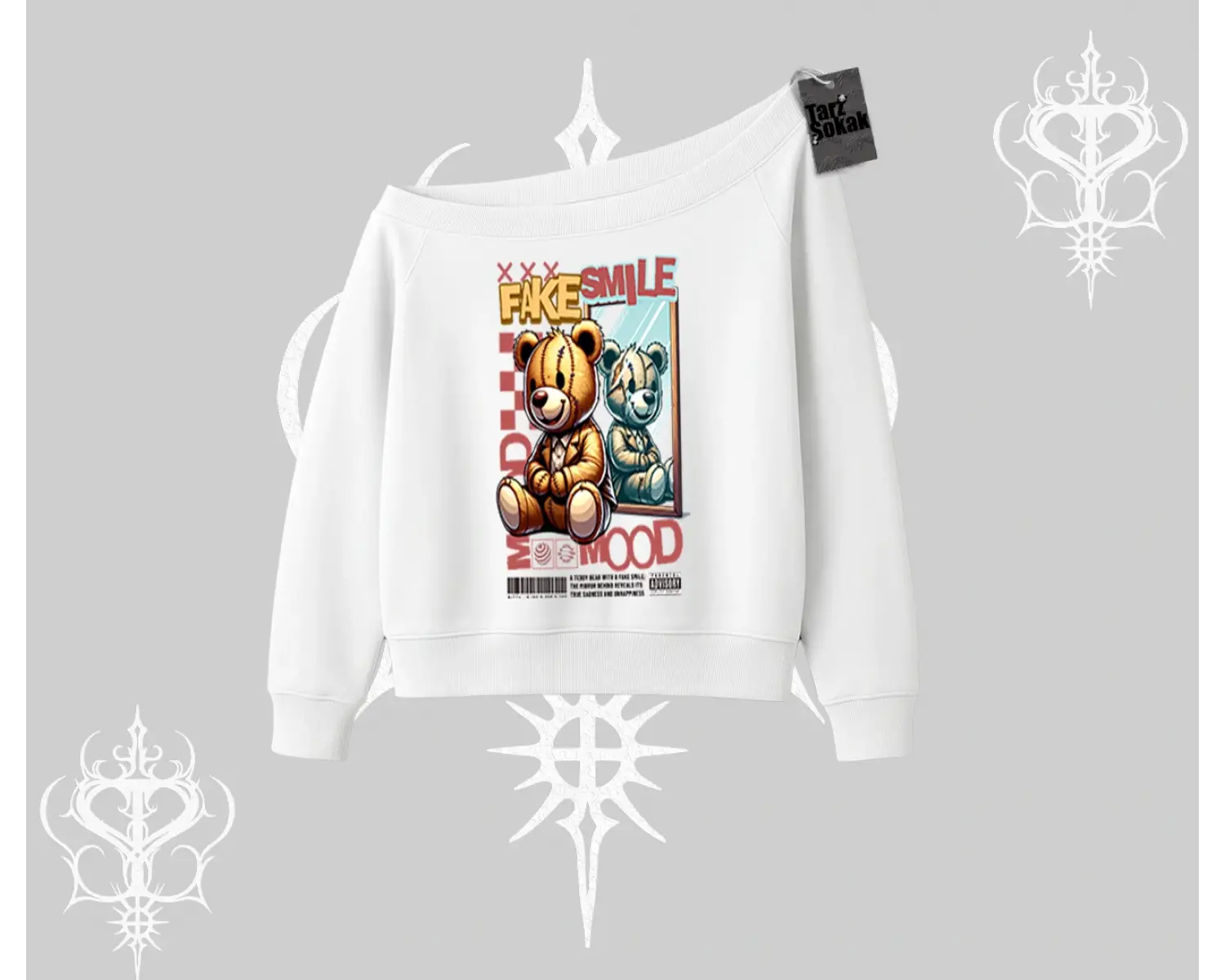 Kayık Yaka Sweatshirt Fake Smile Mood Ayıcık Grafik Baskılı