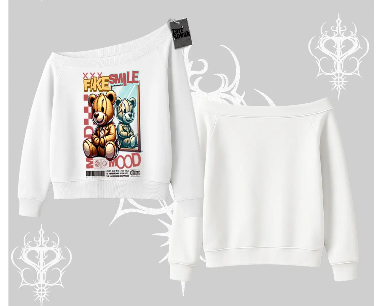 Kayık Yaka Sweatshirt Fake Smile Mood Ayıcık Grafik Baskılı