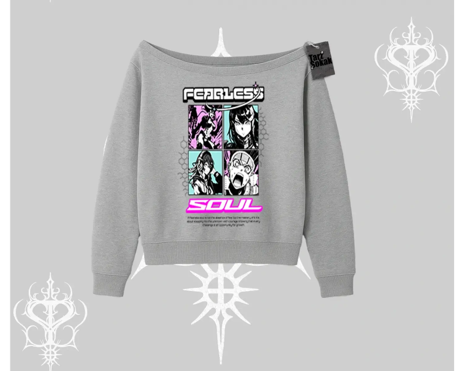 Kayık Yaka Sweatshirt Fearless Soul Anime Kolaj Baskılı