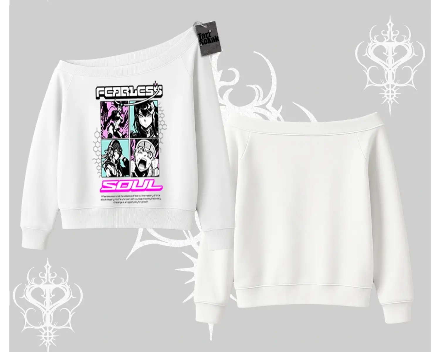 Kayık Yaka Sweatshirt Fearless Soul Anime Kolaj Baskılı