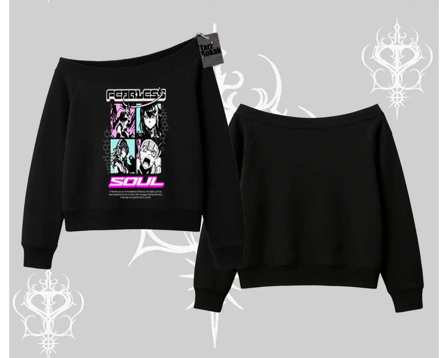Kayık Yaka Sweatshirt Fearless Soul Anime Kolaj Baskılı