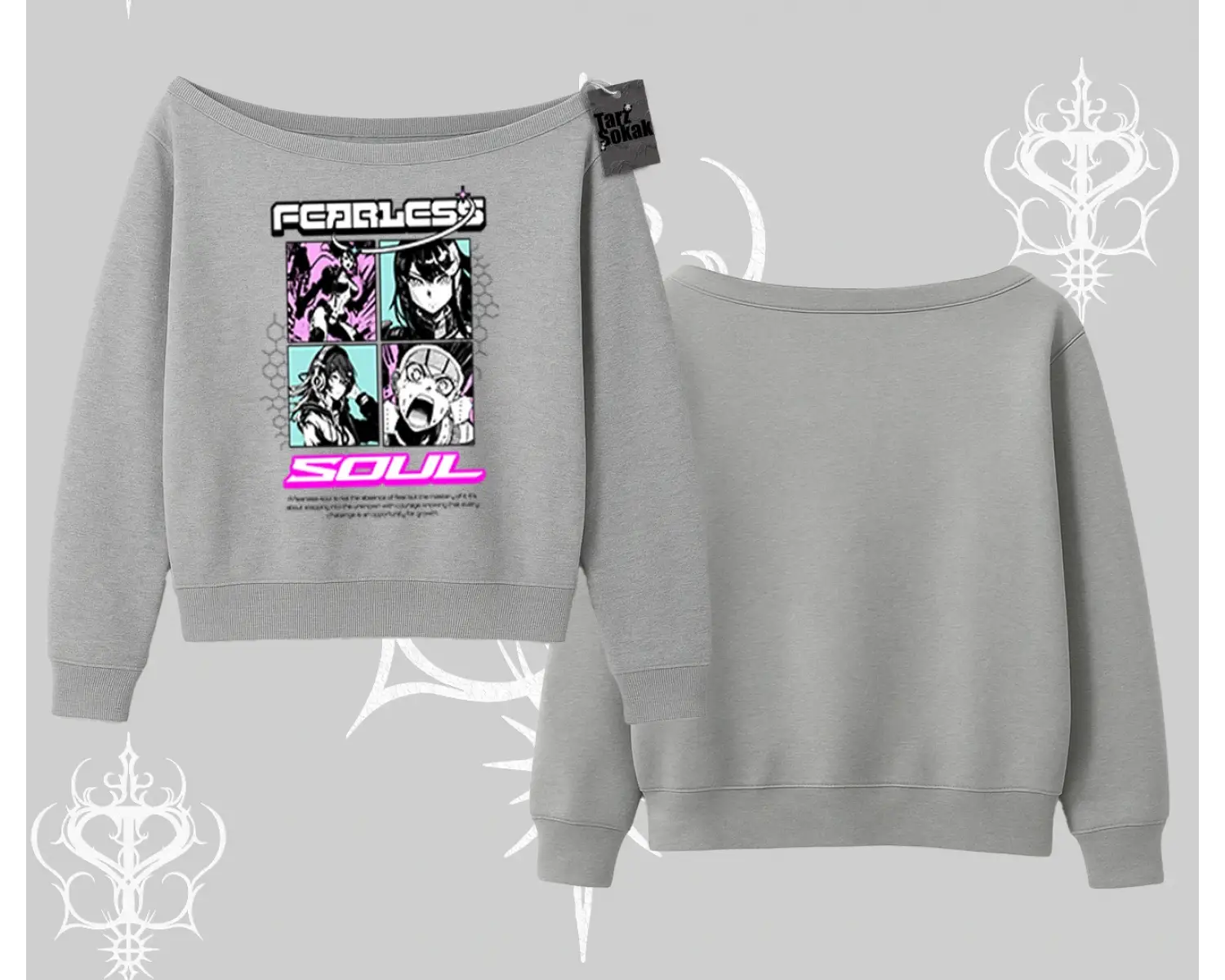 Kayık Yaka Sweatshirt Fearless Soul Anime Kolaj Baskılı