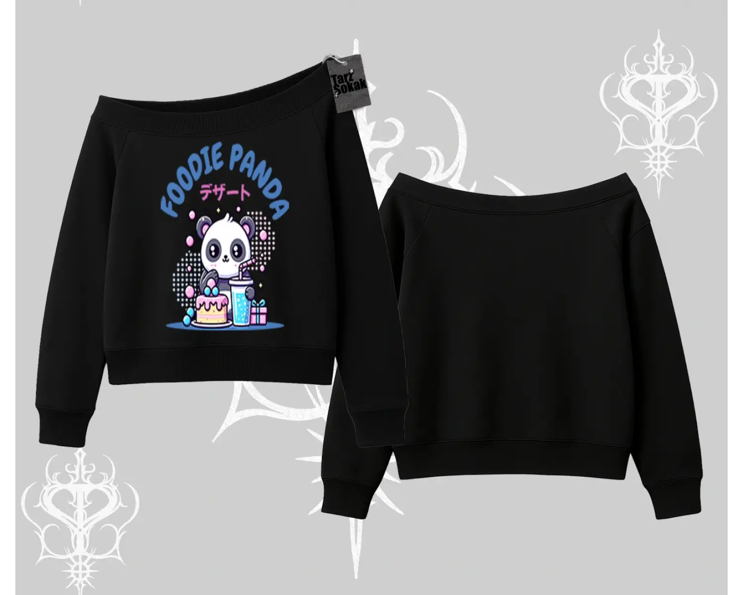 Kayık Yaka Sweatshirt Foodie Panda Tatlı ve Sevimli Panda Baskılı