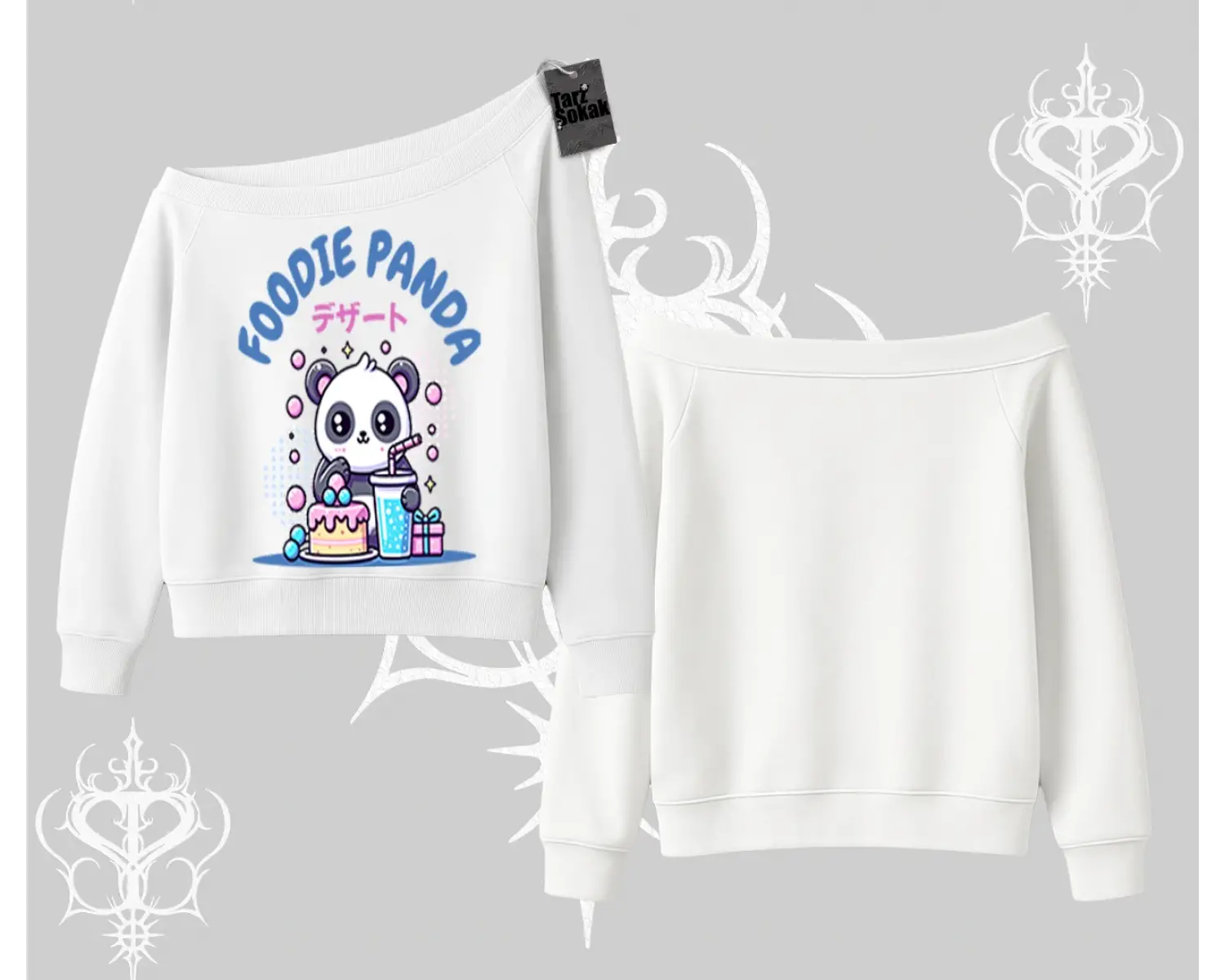 Kayık Yaka Sweatshirt Foodie Panda Tatlı ve Sevimli Panda Baskılı