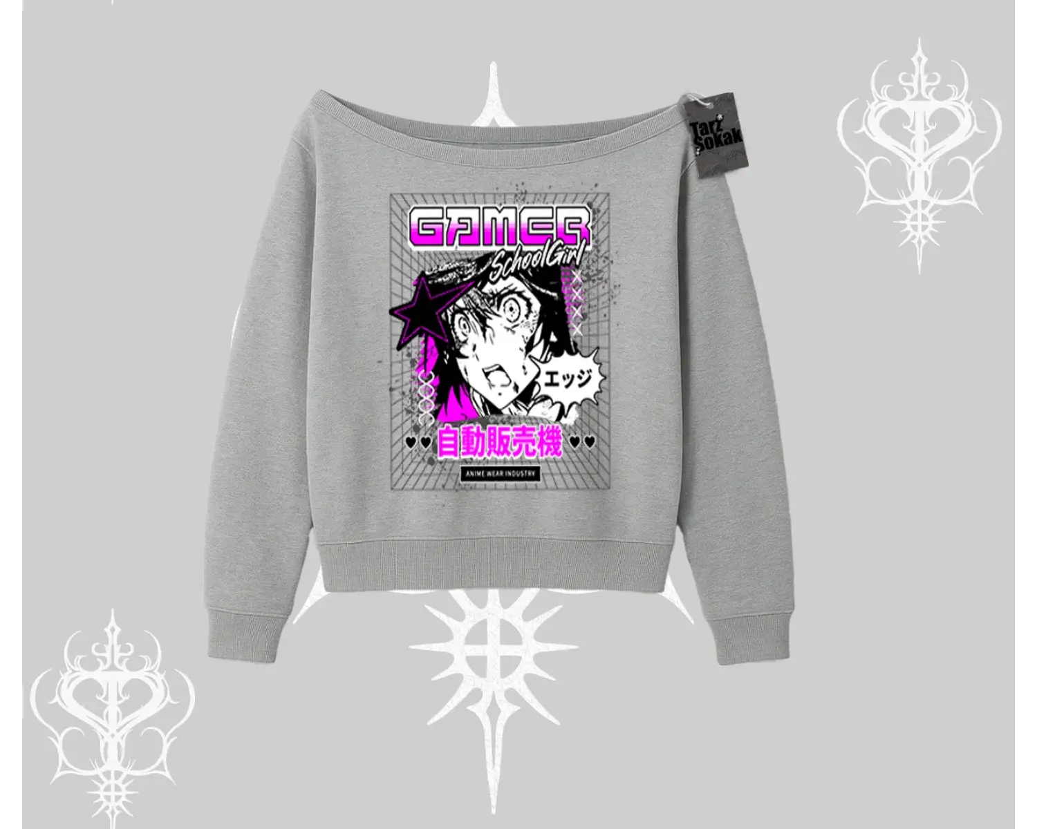 Kayık Yaka Sweatshirt Games Schoolgirl Anime Baskılı