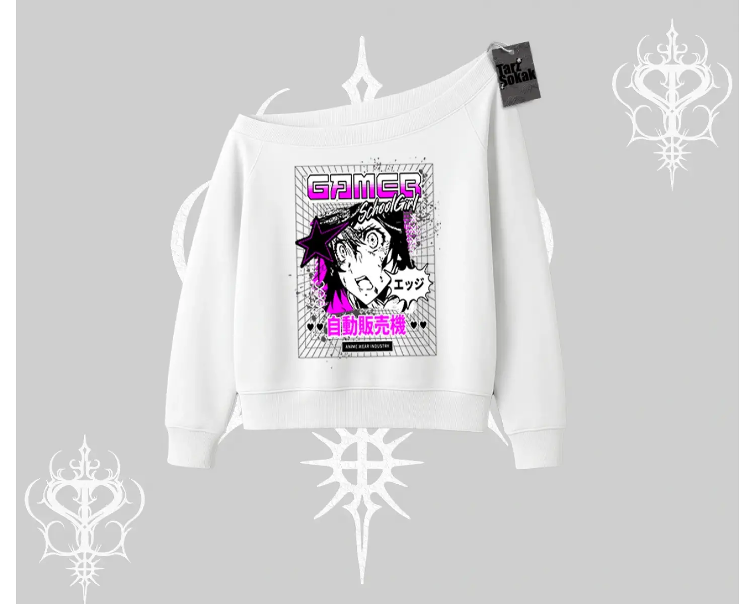 Kayık Yaka Sweatshirt Games Schoolgirl Anime Baskılı